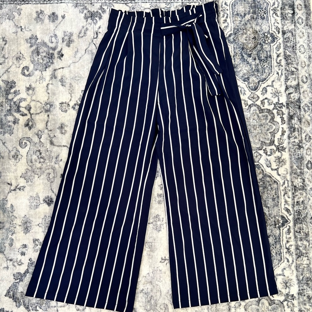 Striped Belted Straight-Leg Pants
